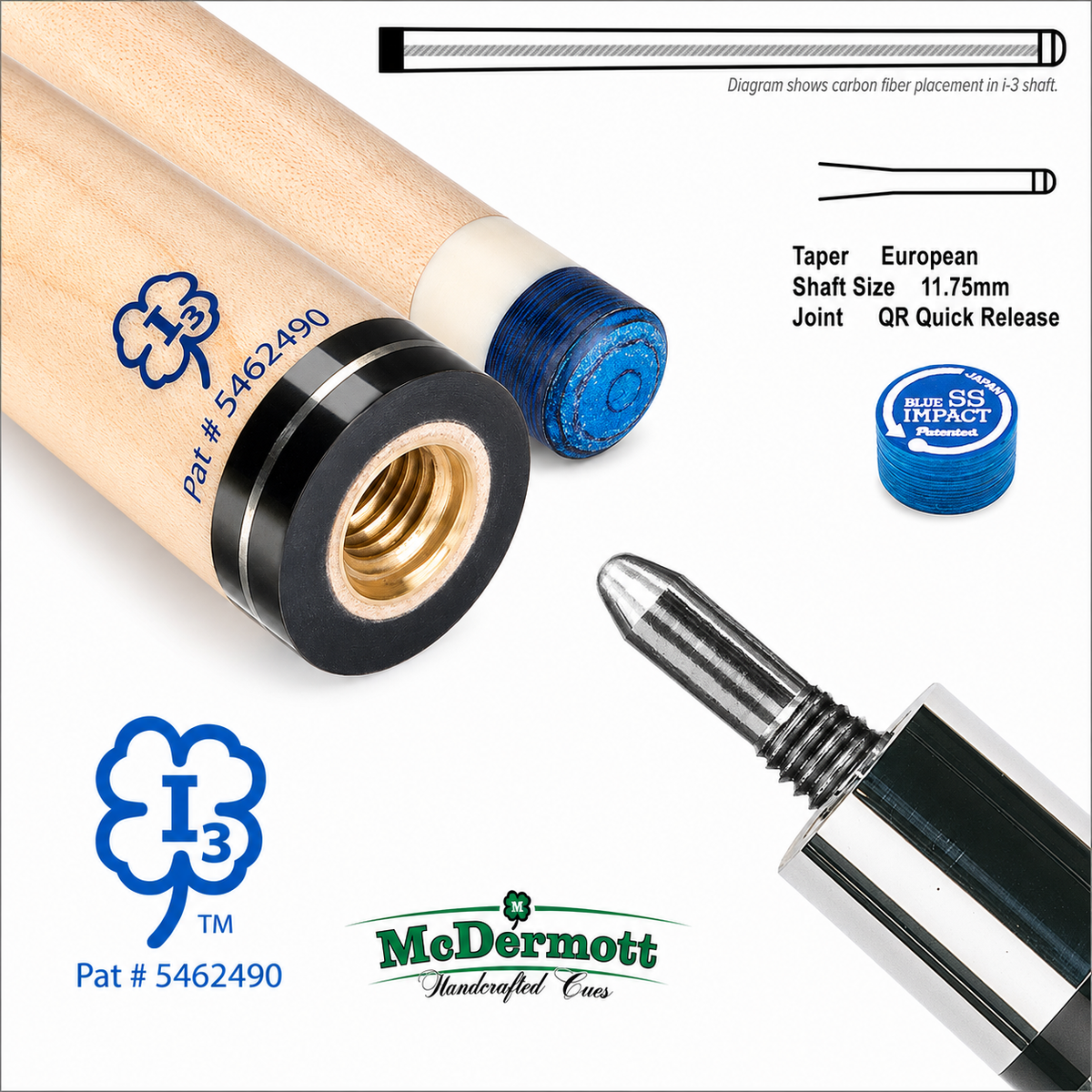 McDermott Intimidator i-3 11.75MM Maple Pool Cue Shaft and 3/8x10 Quick Release European Pro Taper