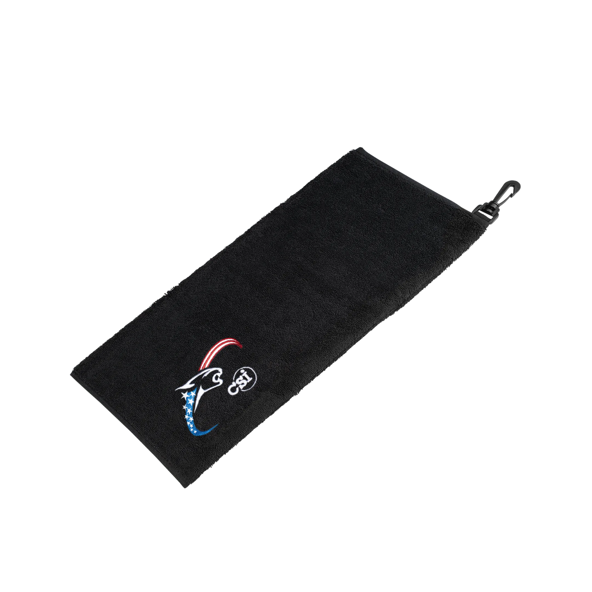 CSI black towel with red, white, and blue cat head