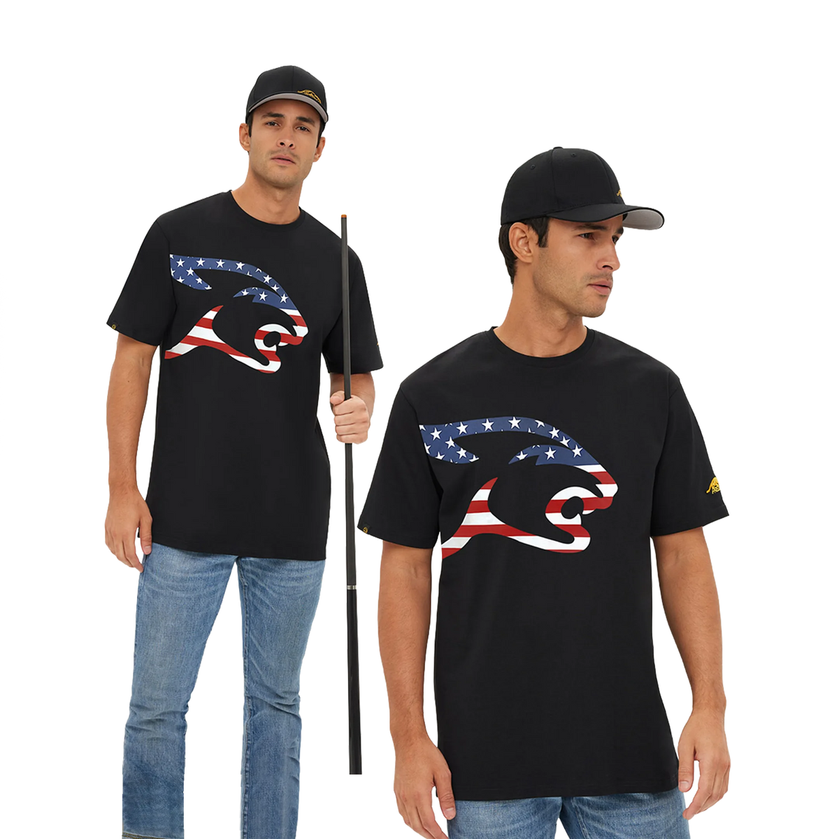 Man wearing black t-shirt with a United States flag cat head design