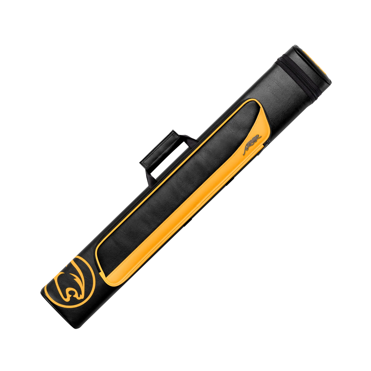 Black and yellow pool cue case with a cat head circle branding
