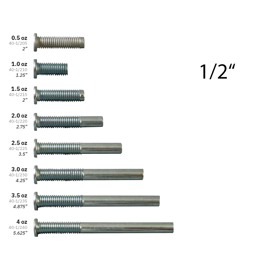 McDermott 1/2 Inch Cue Weight Bolt Size Chart From 0.5 oz to 4 oz
