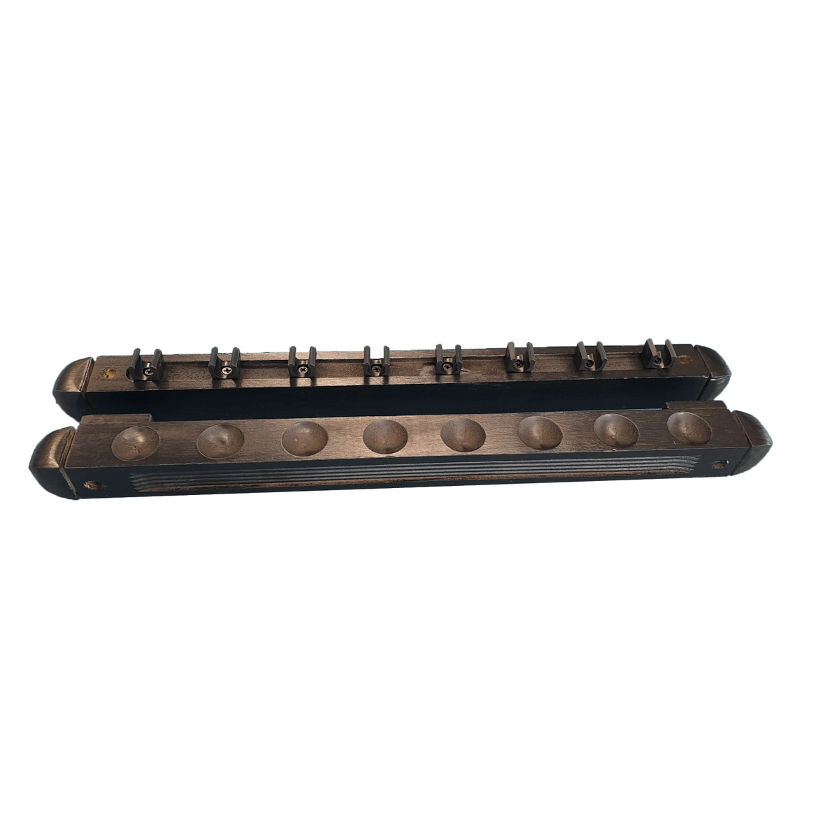 Antik Wall-Mounted Cue Rack For 8 Cues In Black-Stained Wood, With Eight Cue Clips