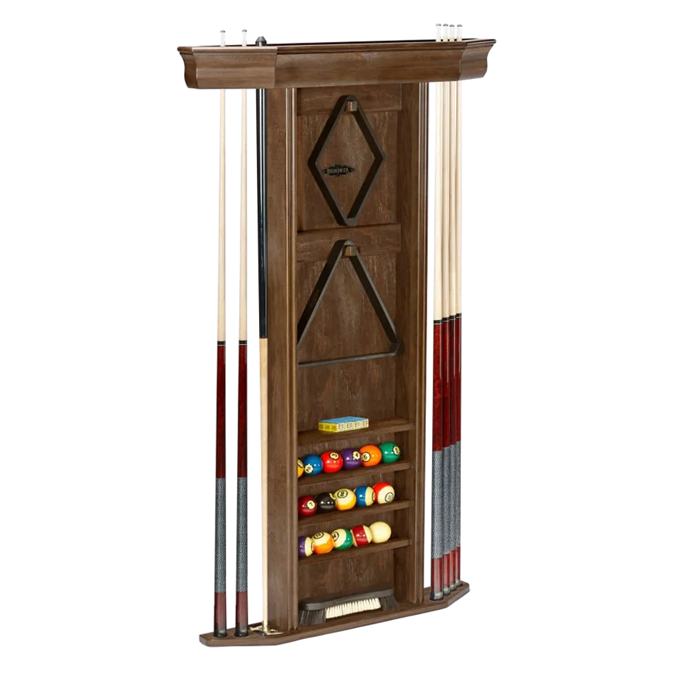 Brunswick Heritage Cue Wall Rack in Nutmeg With Cues, Racks and Pool Balls