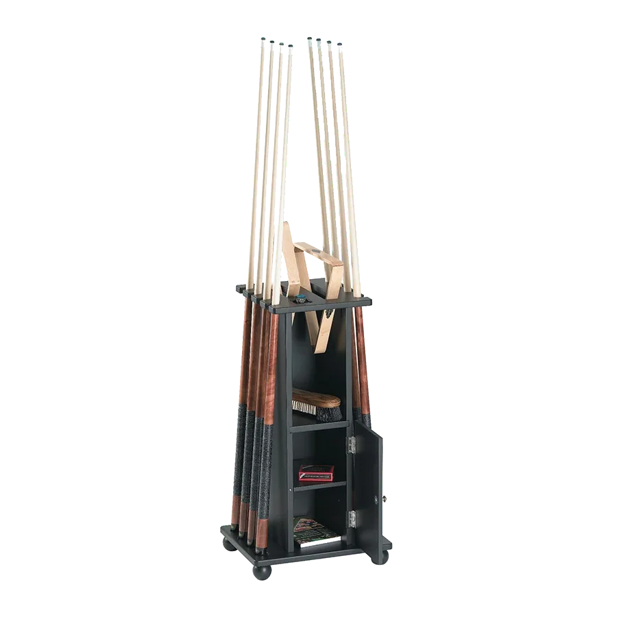 Brunswick Heritage Floor Cue Rack In Matte Black With The Storage Door Open