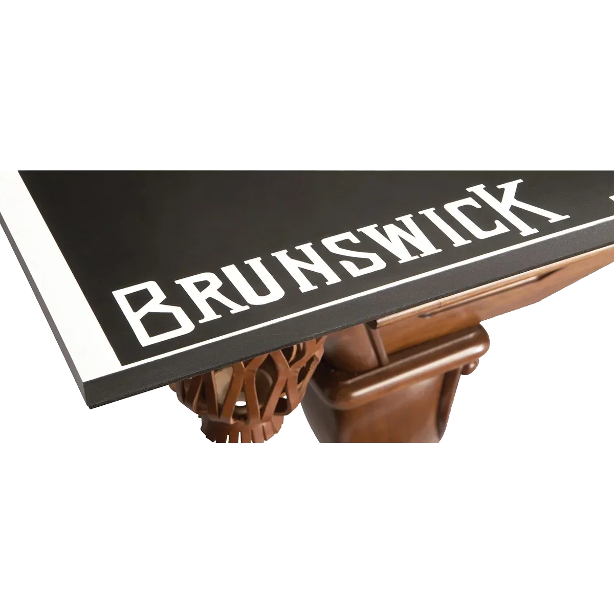 Close-Up of the Brunswick Logo on the Corner of the Black Table Tennis Conversion Top