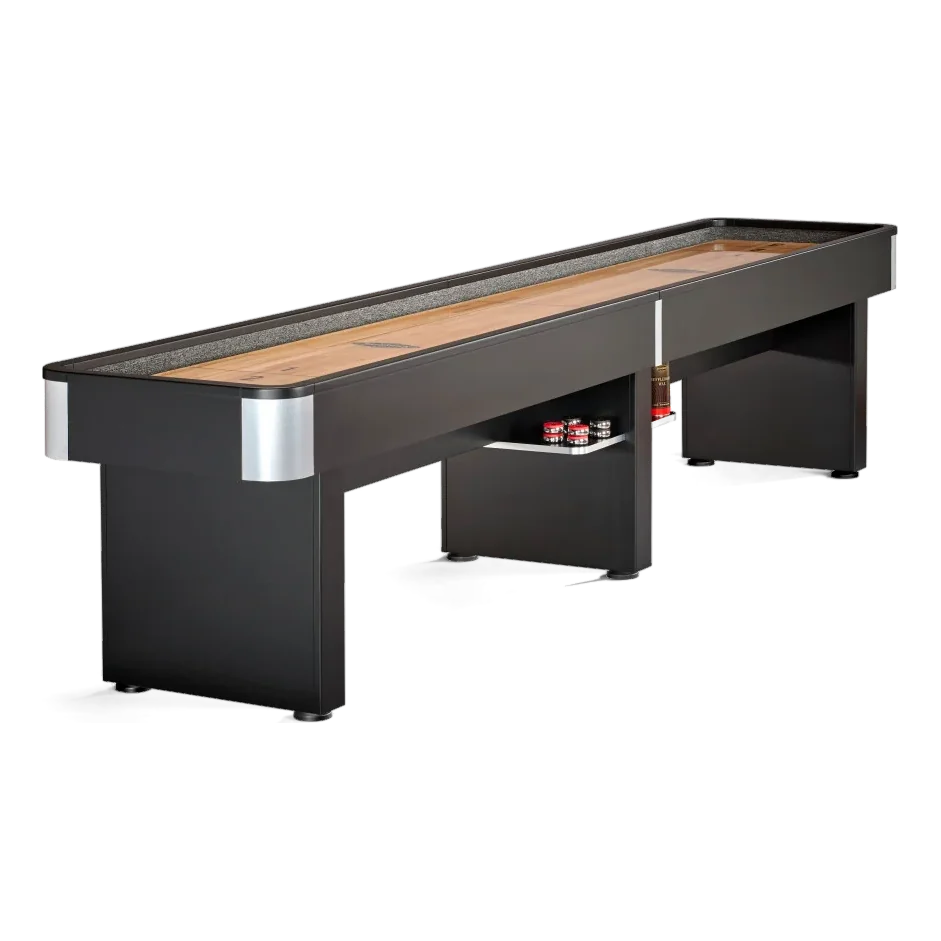Brunswick Delray Matte Black 9ft Shuffleboard Table With Pucks On a Shelf