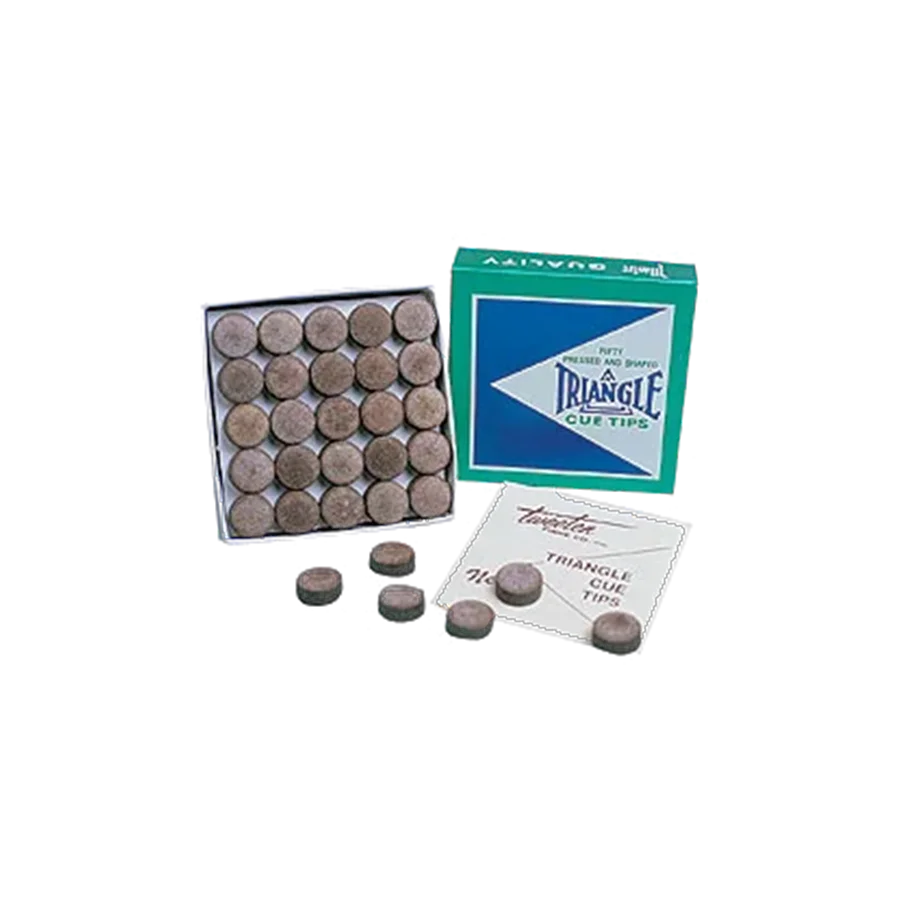 Tweeten Triangle Cue Tips in an Open Green Box With Loose Tips