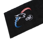 Black towel with red, white, and blue CSI Brand