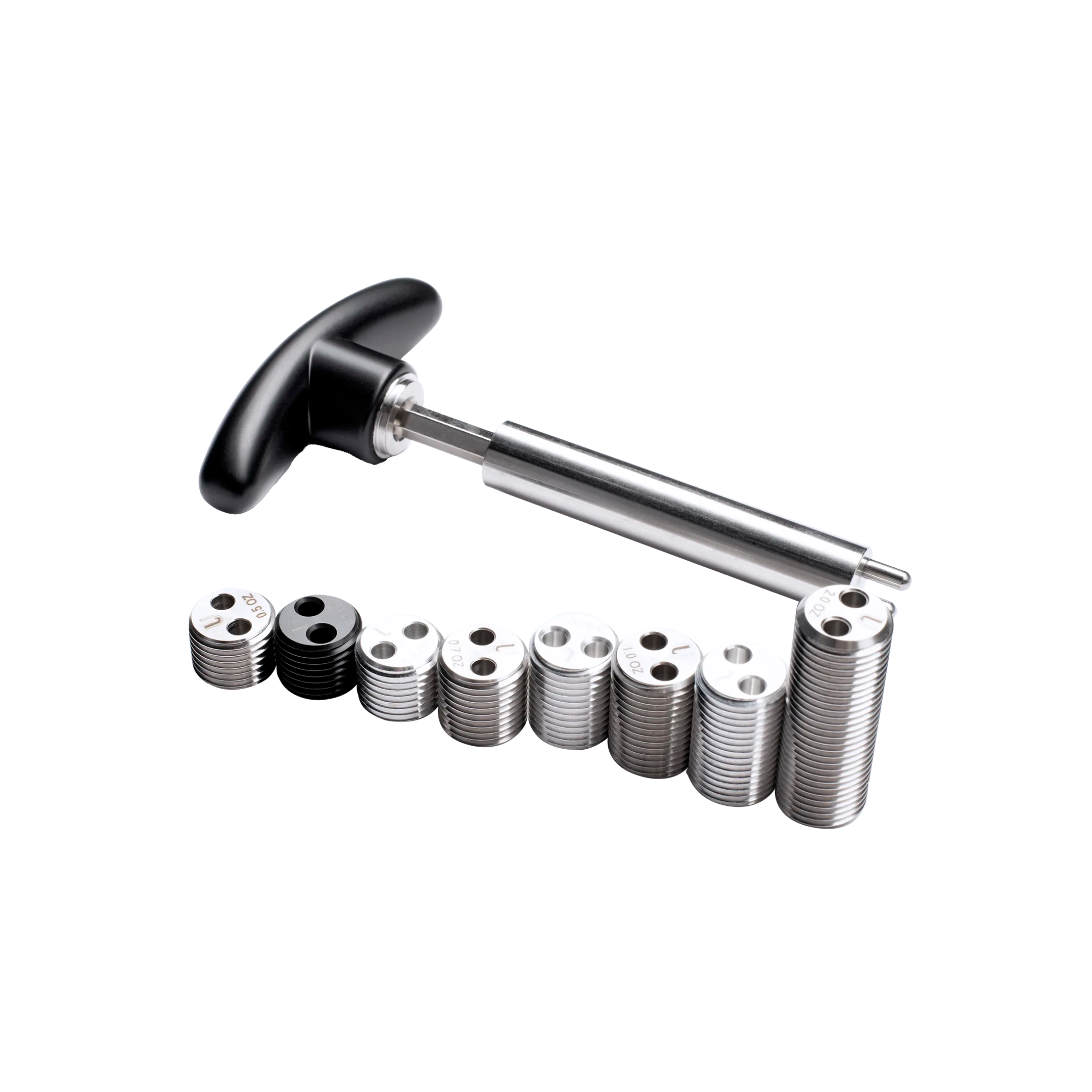 Metal Weight Bolts Ranging In Size Next To Metal Installation Tool With Black Handle