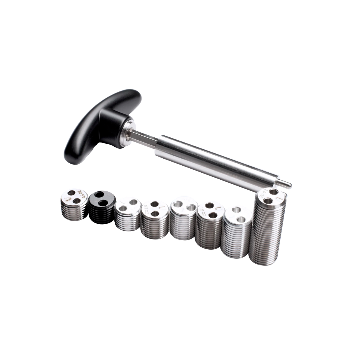 Metal Weight Bolts Ranging In Size Next To Metal Installation Tool With Black Handle