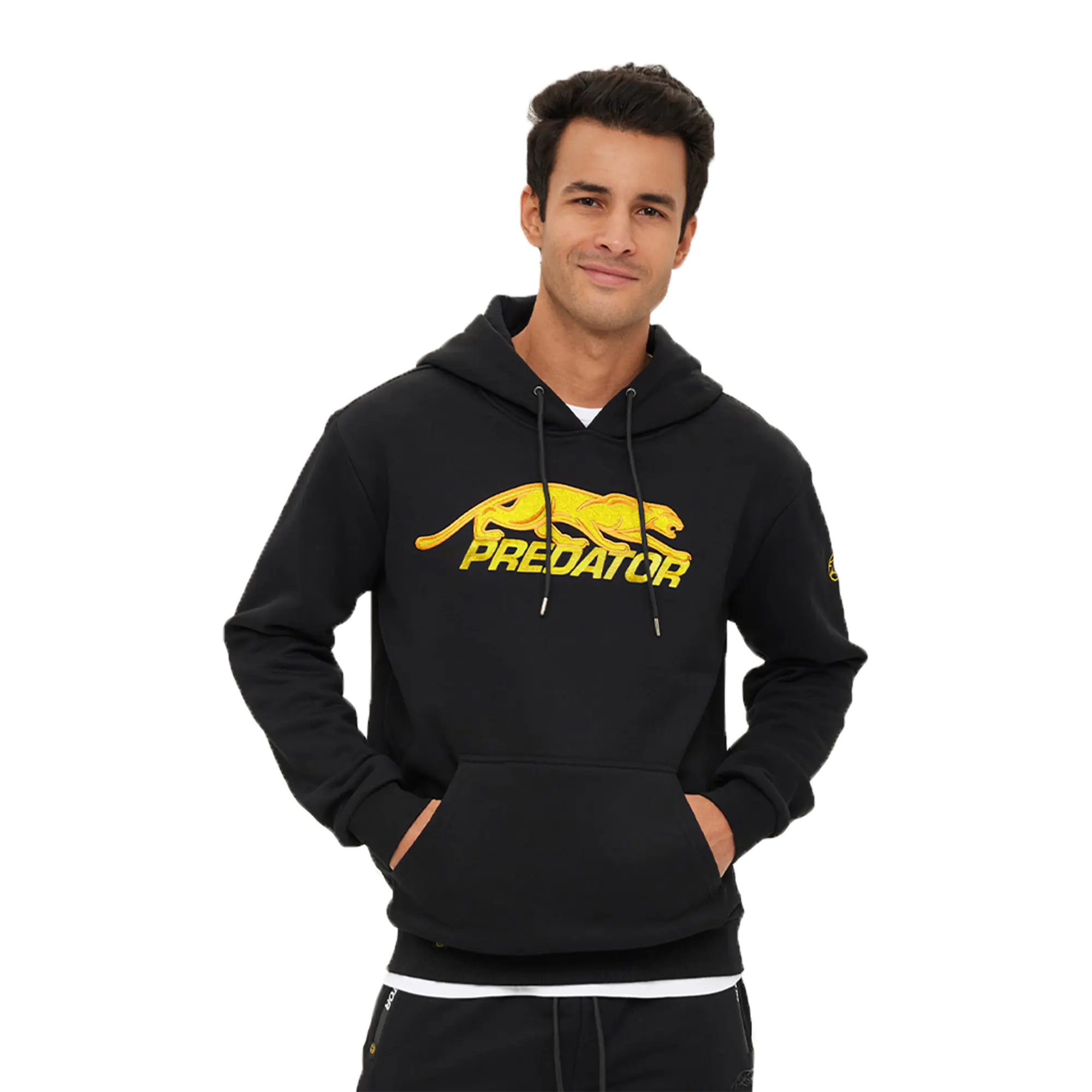 Man wearing Predator black hoodie with gold