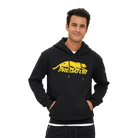Man wearing Predator black hoodie with gold