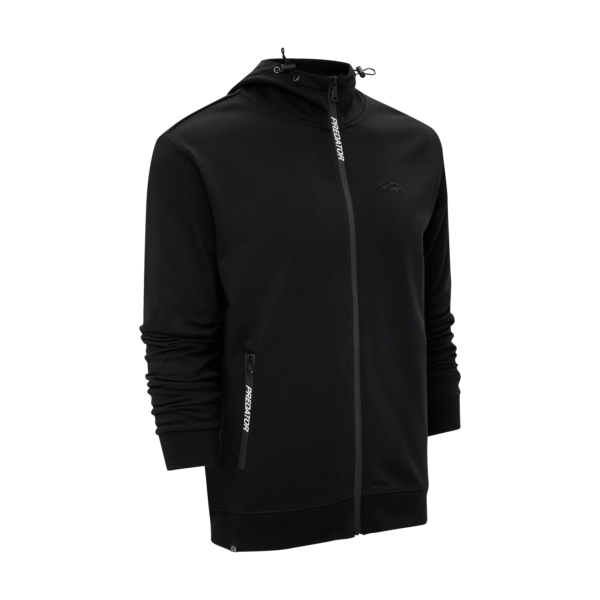 Black Zip-up Jacket With Predator On Zipper and Pocket Trim