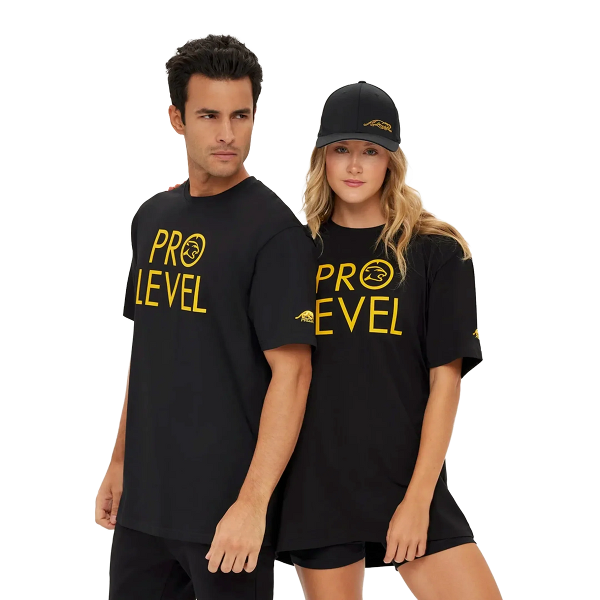 Two people wearing  'PRO LEVEL' t-shirts