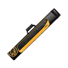 Black and yellow pool cue case with a cat head circle branding