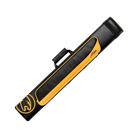 Black and yellow pool cue case with a cat head circle branding