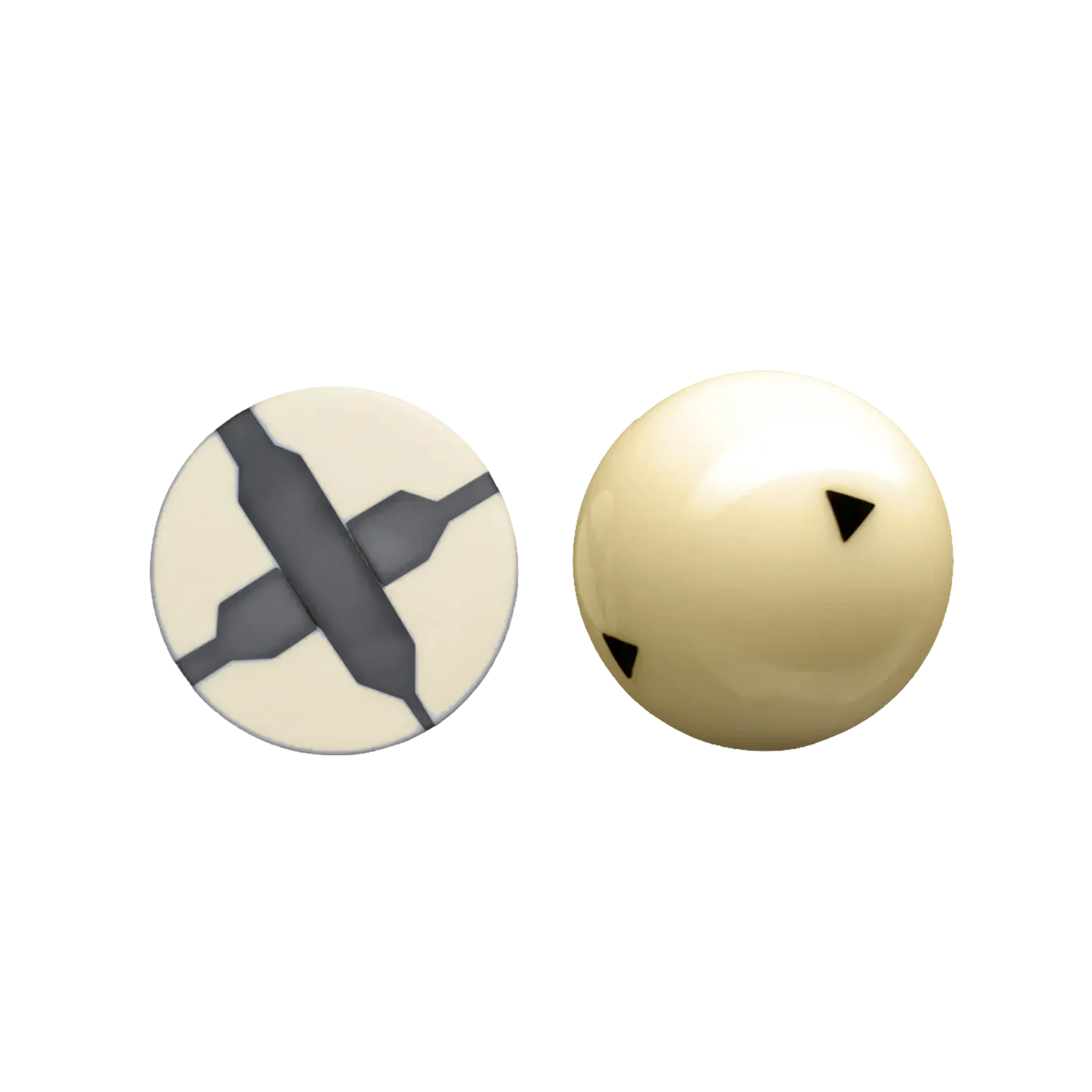 White cue ball with black triangles next to a cross section of a cue ball