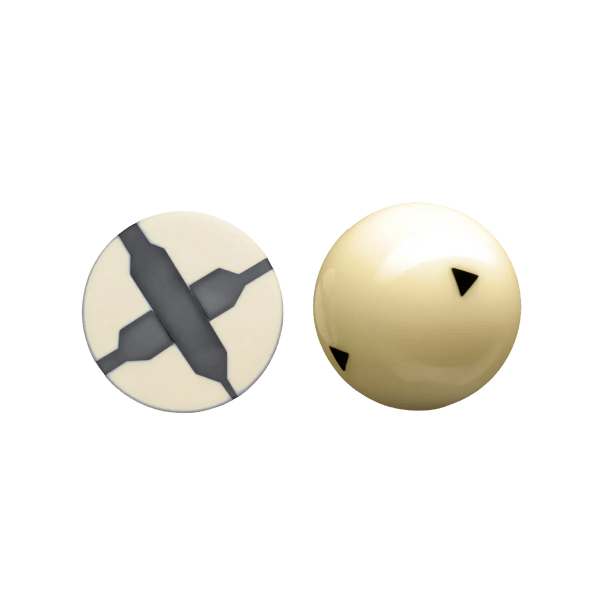 White cue ball with black triangles next to a cross section of a cue ball