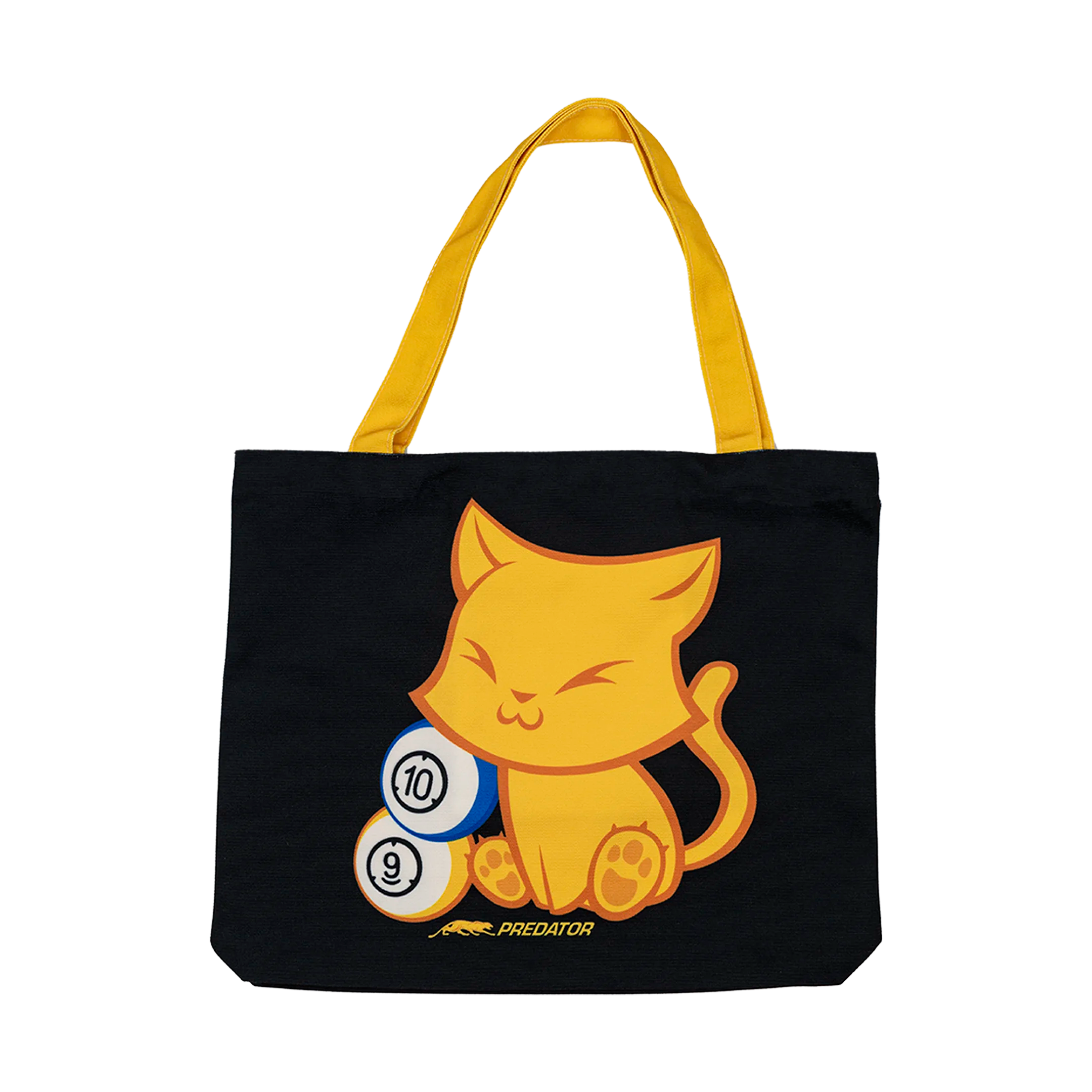 Black tote bag with a yellow cat design