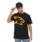 Man Wearing Black Tshirt with Yellow Cat Head Design