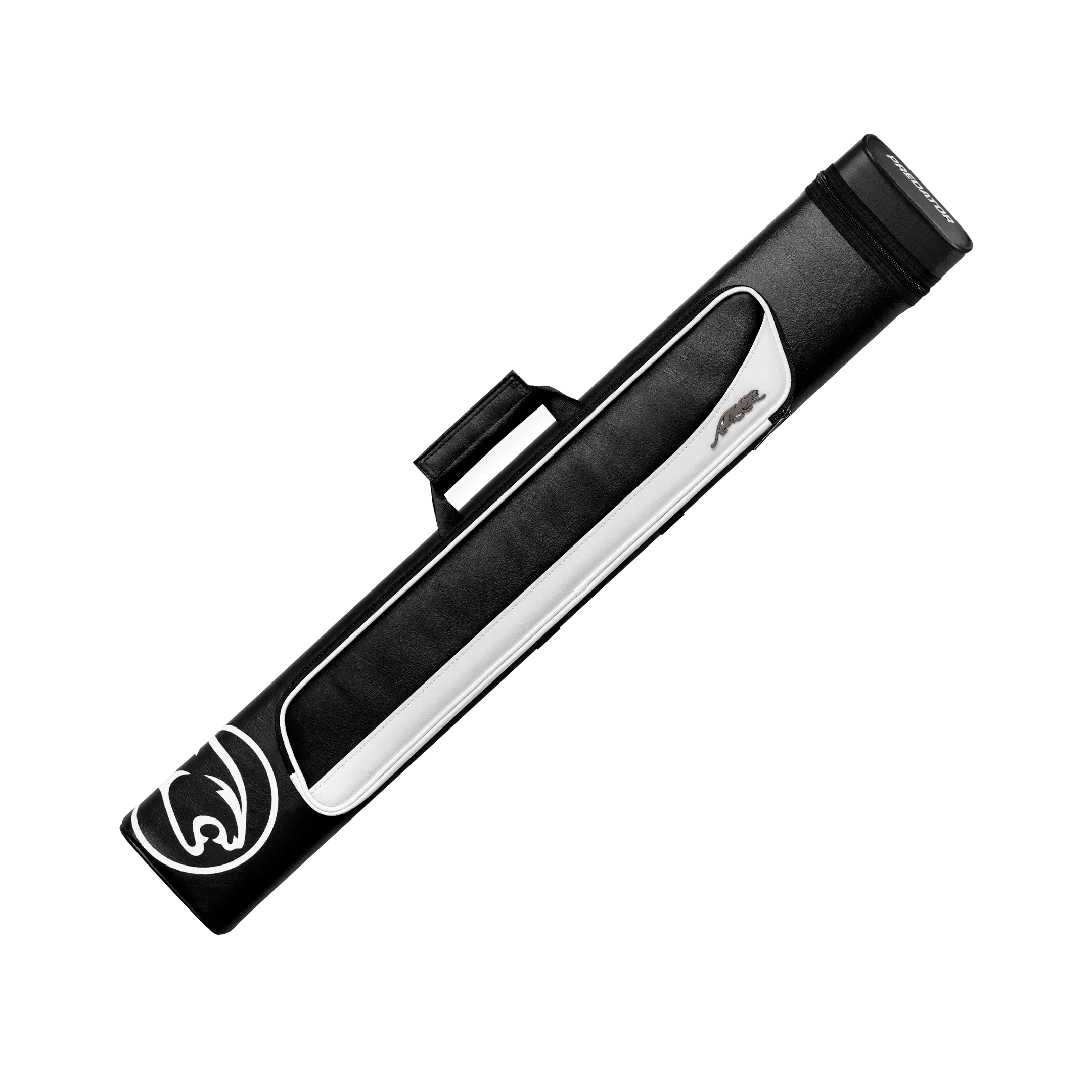 Black and white pool cue case with a cat head circle branding
