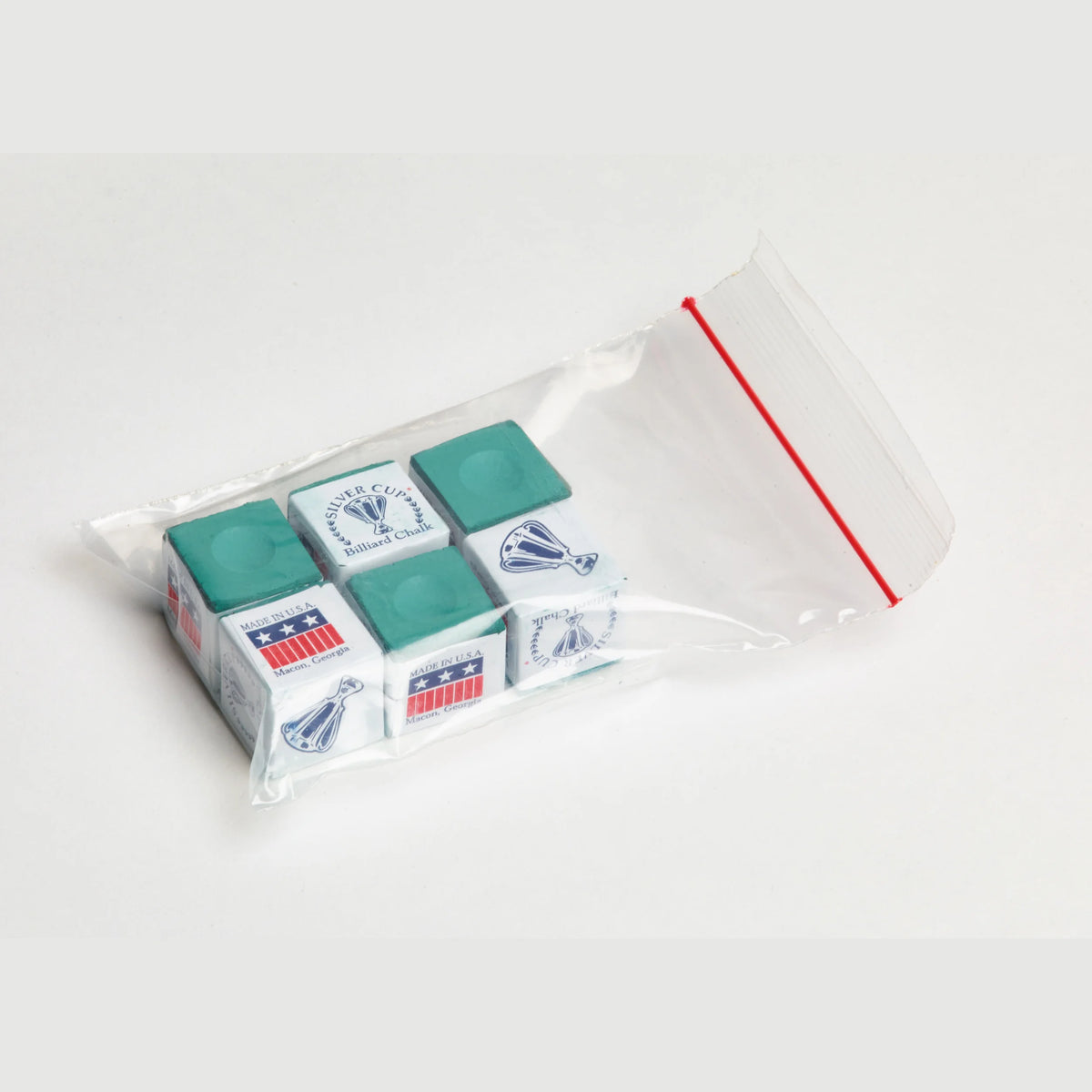 Six Cubes of Silver Cup Green Billiard Chalk in a Clear Zip Bag