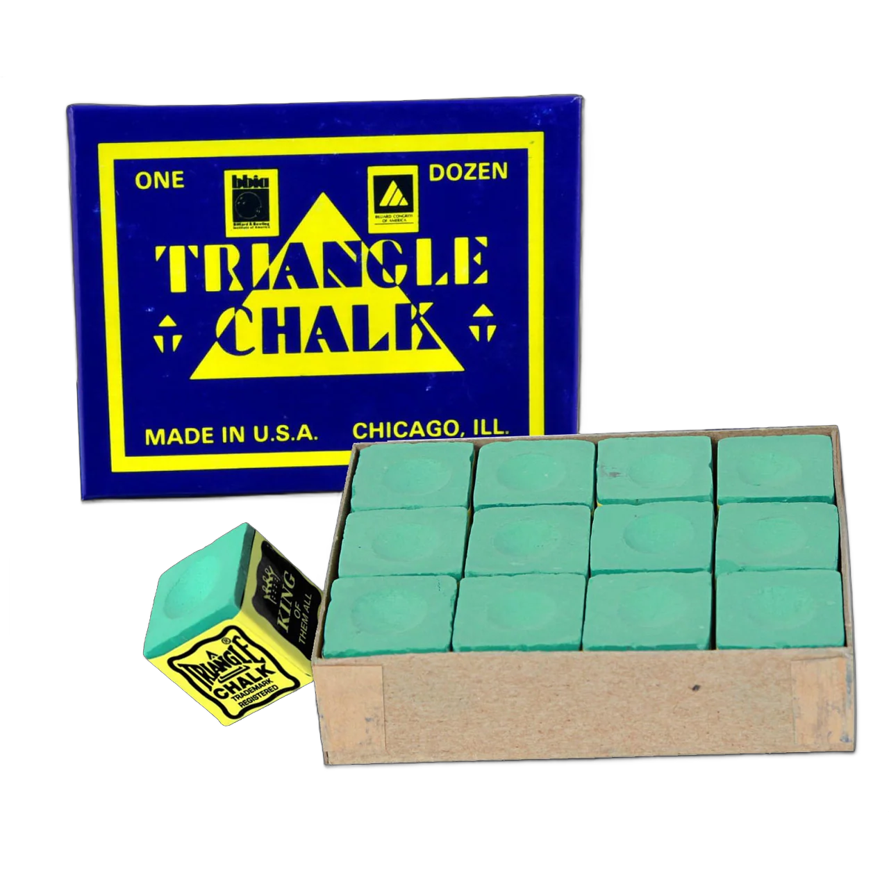 Triangle Green Billiard Chalk, 12 Pieces, Open Tray with Box and One Loose Cube