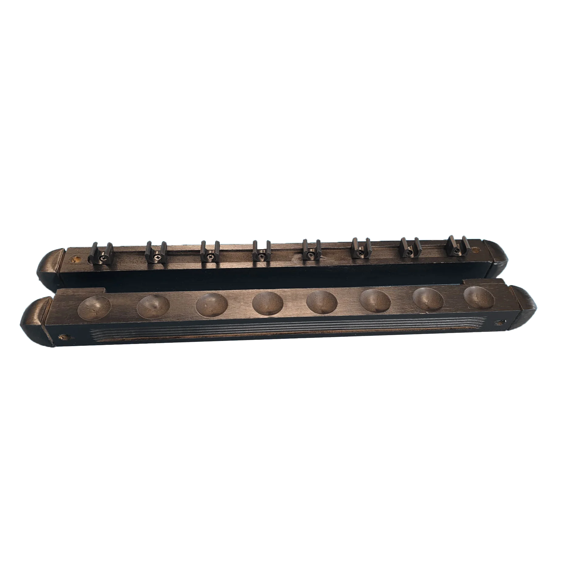 Antik Wall-Mounted Cue Rack For 8 Cues In Black-Stained Wood, With Eight Cue Clips