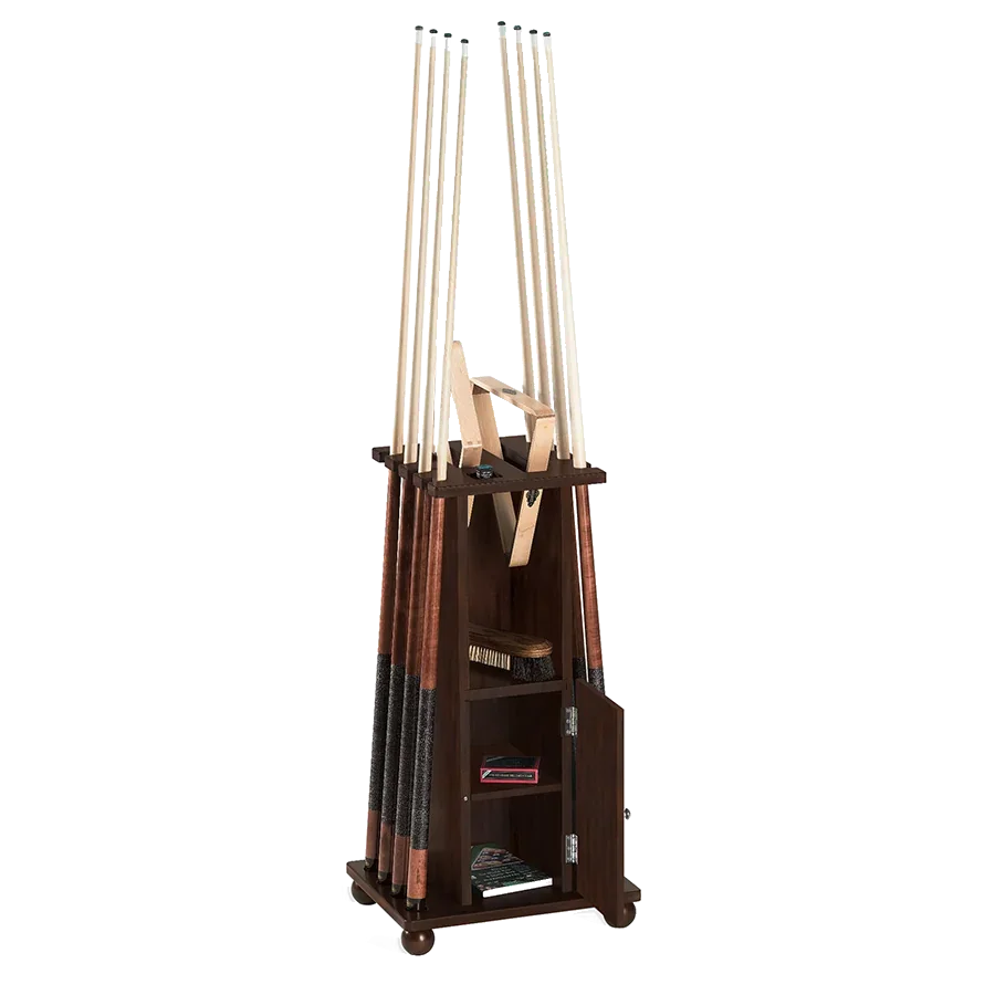 Brunswick Heritage Floor Cue Rack In Espresso With The Storage Door Open
