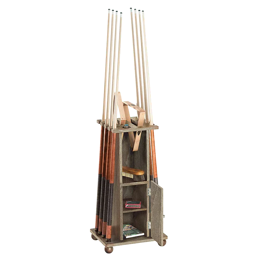 Brunswick Heritage Floor Cue Rack In Driftwood With The Storage Door Open