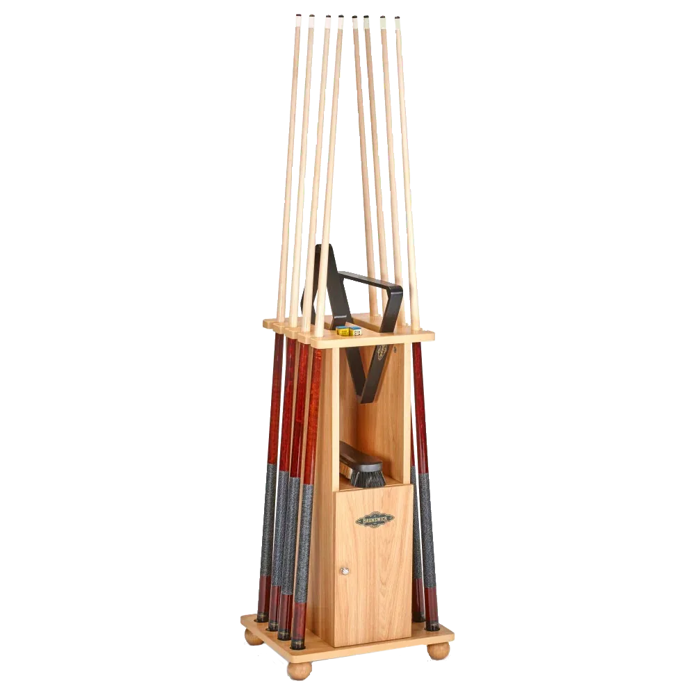 Brunswick Heritage Floor Cue Rack In Natural Hickory Holding Eight Cues
