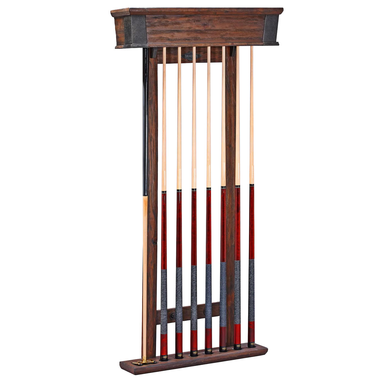 Brunswick Canton Cue Wall Rack in Black Forest Holding Eight Cues and a Bridge