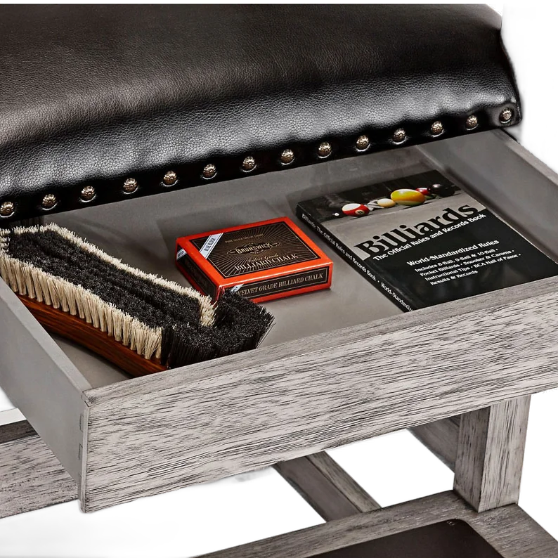 Brunswick Centennial Players Chair In Rustic Grey With The Drawer Open

