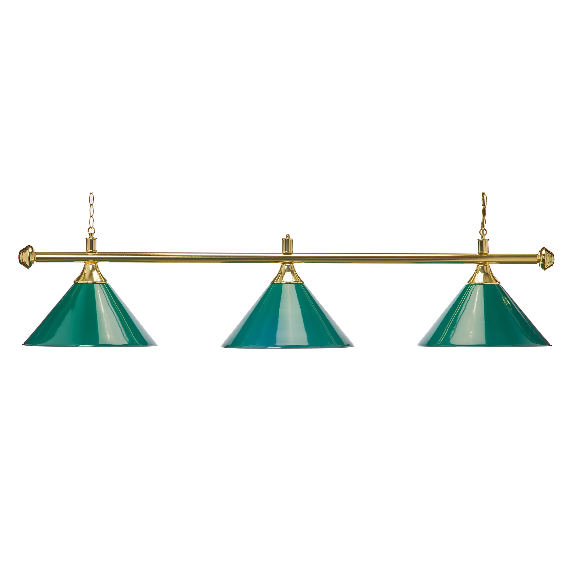 Evergreen 3-Shade Billiard Lamp With Green Cone Shades on a Brass Bar With Hanging Chains