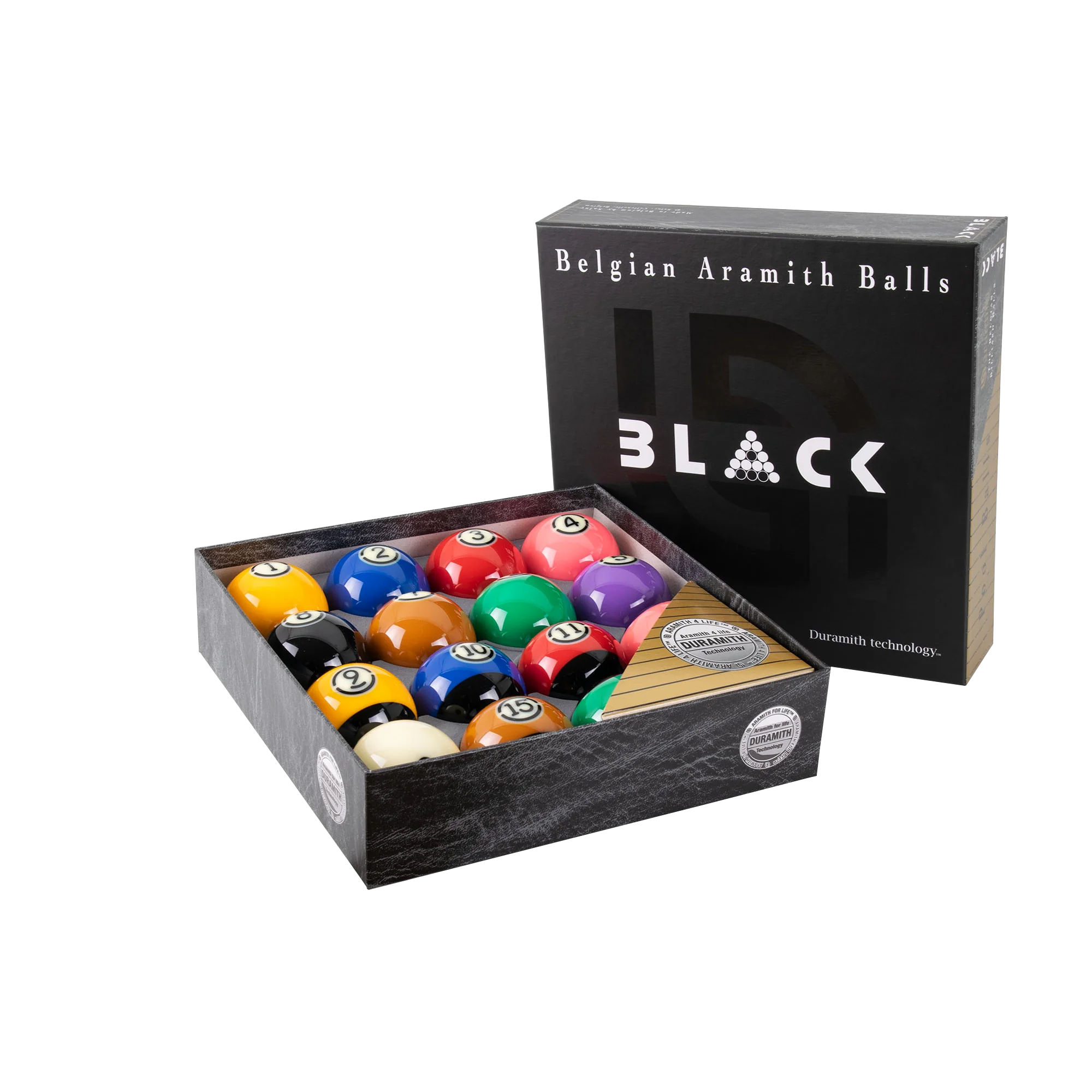 Aramith Tournament Black Pool Ball Set in Its Open Box With Duramith Technology Seal