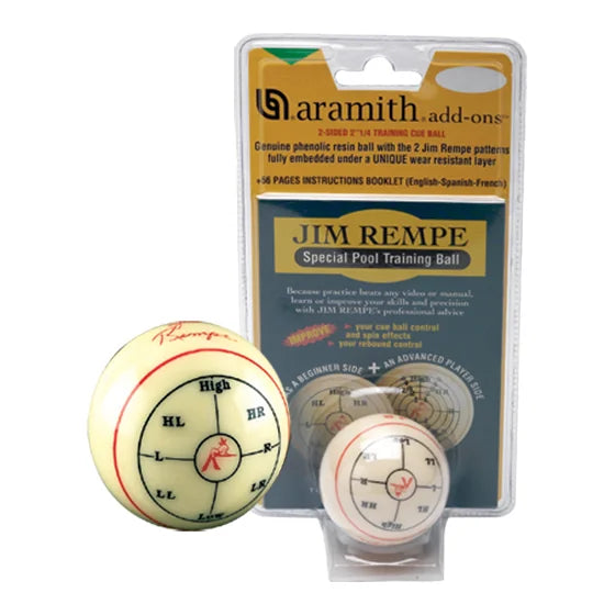 Aramith Jim Rempe Pool Training Ball with Aiming Marks, Next to Its Pack