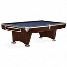 A dark brown wooden pool table with a deep blue felt playing surface and silver metal rails, shown from a three-quarters perspective on a white background.