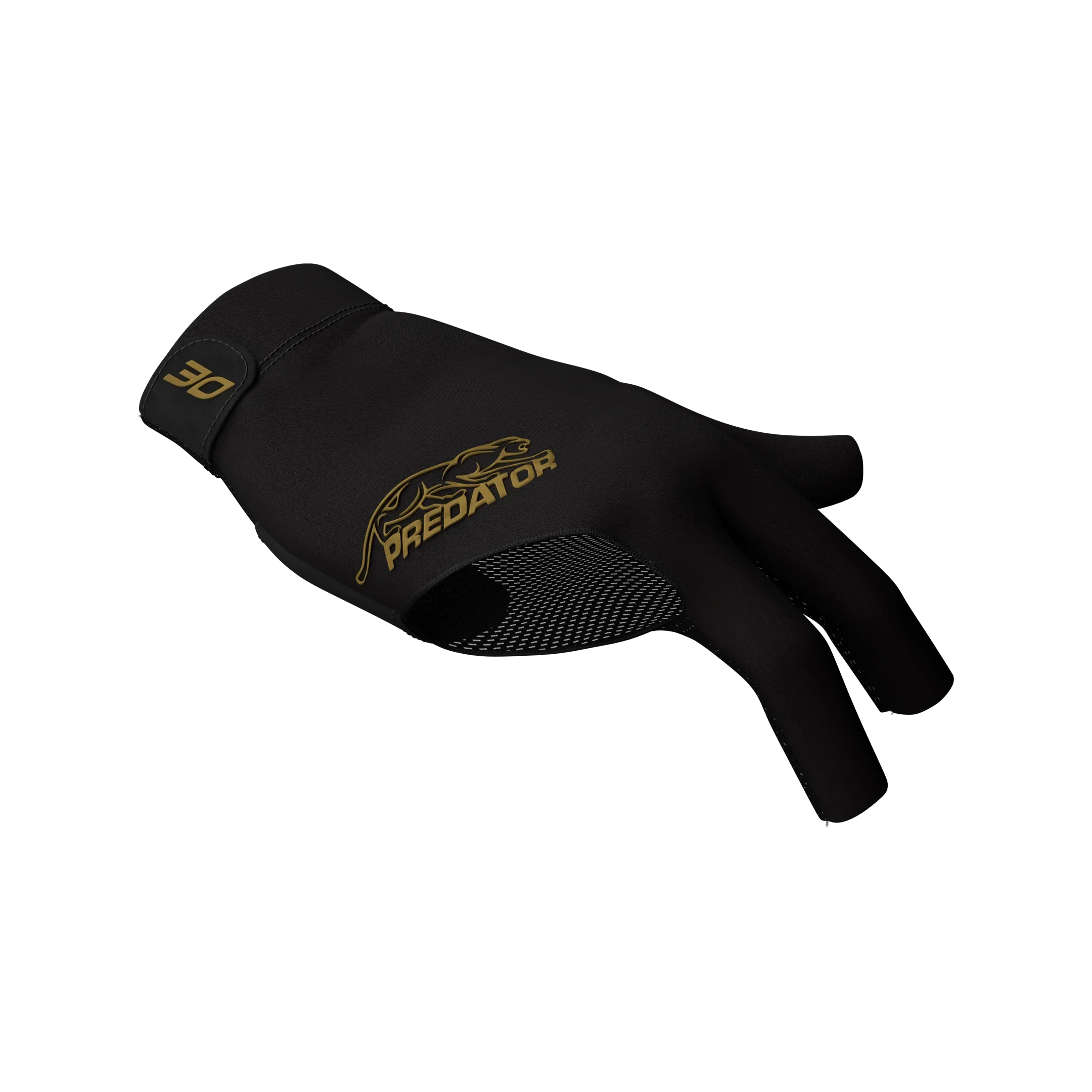 Black glove with gold Predator branding and gold 30 icon for right hand