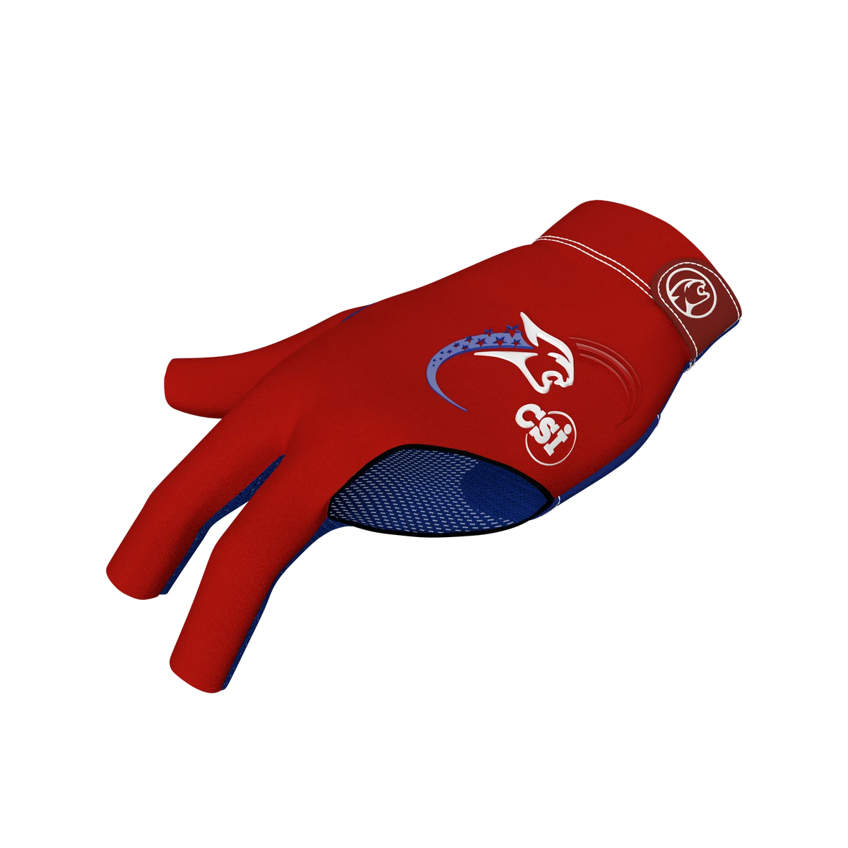 Red glove with a blue interior and CSI branding