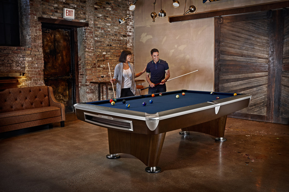 People Playing At a Brunswick Gold Crown VI Tournament 9ft Walnut Espresso Pool Table