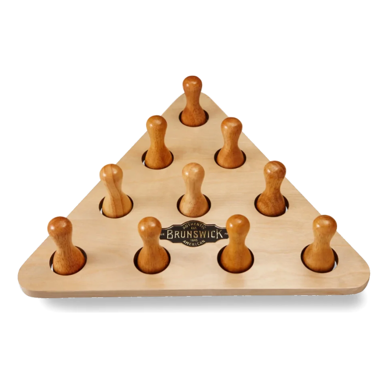 Brunswick Shuffleboard Bowling Pin Set with Ten Wooden Pins in a Triangular Rack